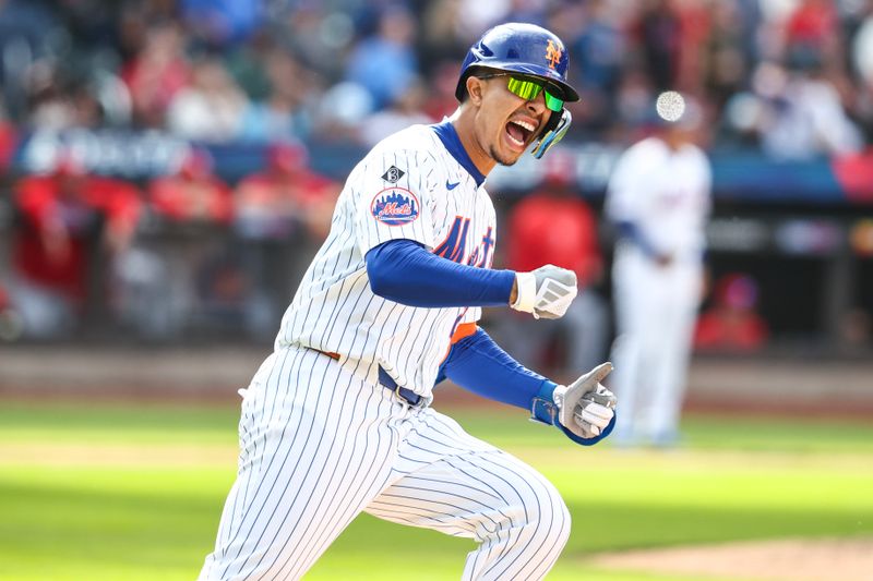 Apr 28, 2024; New York City, New York, USA;  New York Mets third baseman Mark Vientos (27) hits a game winning two run home run in the 11th inning to defeat the St. Louis Cardinals 4-2 at Citi Field. Mandatory Credit: Wendell Cruz-USA TODAY Sports