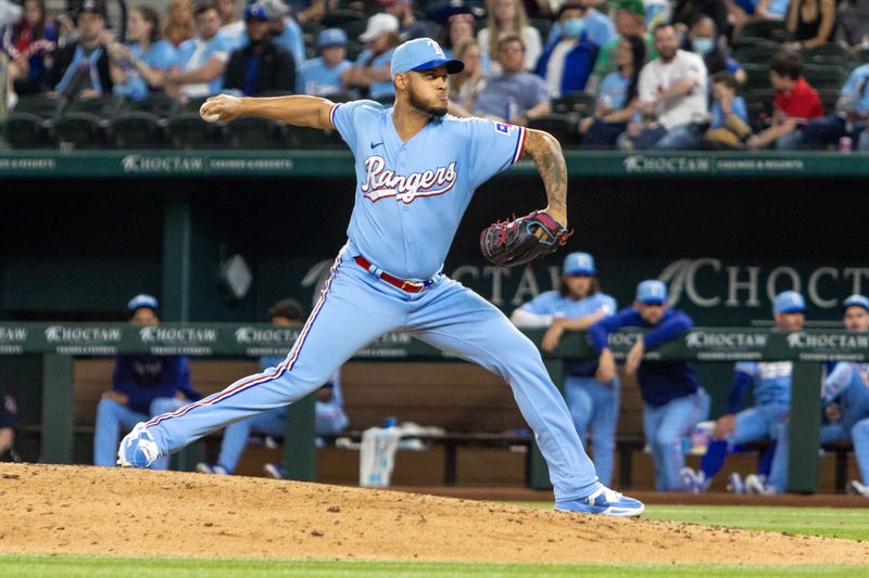 Apr 2, 2023; Arlington, Texas, USA; Texas Rangers relief pitcher Jonathan Hernandez (72) pitches in the 7th inning against the Philadelphia Phillies at Globe Life Field. Mandatory Credit: Andrew Dieb-USA TODAY Sports