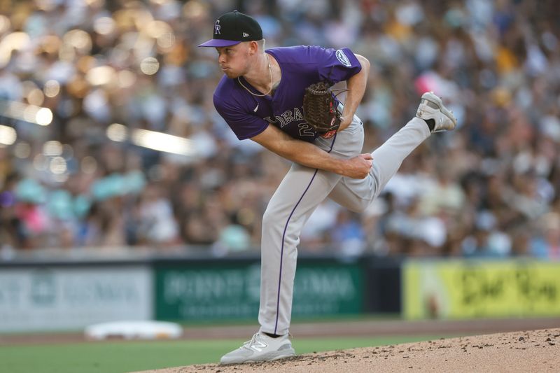 Aug 3, 2024; San Diego, California, USA; Colorado Rockies starting pitcher Tanner Gordon (29) throws against the San Diego Padres during the fourth inning at Petco Park. Mandatory Credit: David Frerker-USA TODAY Sports