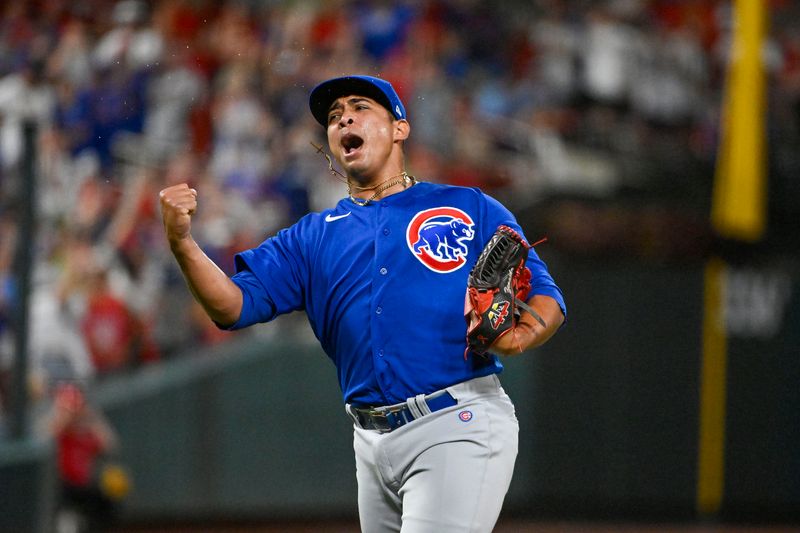 Jul 29, 2023; St. Louis, Missouri, USA;  Chicago Cubs relief pitcher Daniel Palencia (48) reacts after the Cubs defeated the St. Louis Cardinals at Busch Stadium. Mandatory Credit: Jeff Curry-USA TODAY Sports