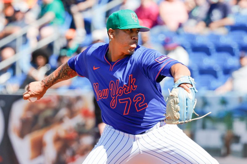 Mar 17, 2025; Port St. Lucie, Florida, USA;  New York Mets pitcher Dedniel Nunez (72) throws a pitch during the seventh inning against the Tampa Bay Rays at Clover Park. Mandatory Credit: Reinhold Matay-Imagn Images. 