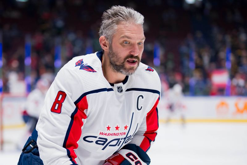 Mar 16, 2024; Vancouver, British Columbia, CAN; Washington Capitals forward Alex Ovechkin (8) skates during warm up prior to a game against the Vancouver Canucks at Rogers Arena.  Mandatory Credit: Bob Frid-USA TODAY Sports