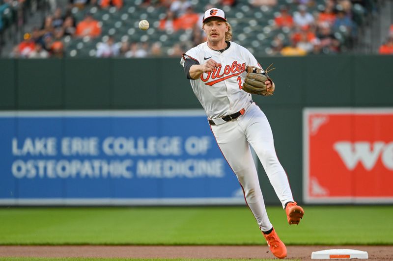 Apr 16, 2024; Baltimore, Maryland, USA;  Baltimore Orioles shortstop Gunnar Henderson (2) throws to first base for a force out during the first inning against the Minnesota Twins at Oriole Park at Camden Yards. Mandatory Credit: Tommy Gilligan-USA TODAY Sports