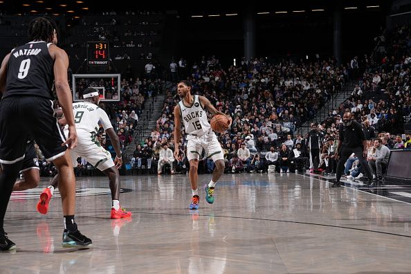 BROOKLYN, NY - DECEMBER 27: Cameron Payne #15 of the Milwaukee Bucks dribbles the ball during the game against the Brooklyn Nets on December 27, 2023 at Barclays Center in Brooklyn, New York. NOTE TO USER: User expressly acknowledges and agrees that, by downloading and or using this Photograph, user is consenting to the terms and conditions of the Getty Images License Agreement. Mandatory Copyright Notice: Copyright 2023 NBAE (Photo by Jesse D. Garrabrant/NBAE via Getty Images)