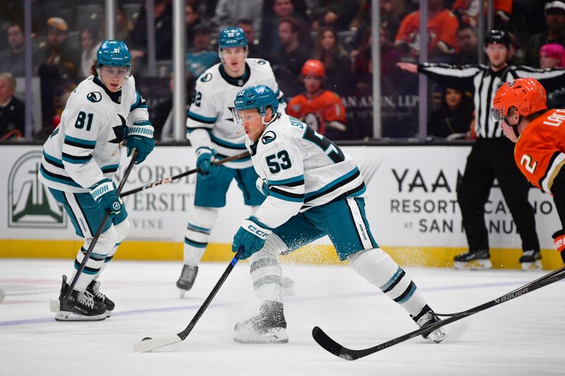 Dec 29, 2025; Anaheim, California, USA; San Jose Sharks left wing Jeff Skinner (53) controls the puck against the Anaheim Ducks during the first period at Honda Center. Mandatory Credit: Gary A. Vasquez-Imagn Images Dec 29, 2025; Anaheim, California, USA; San Jose Sharks left wing Jeff Skinner (53) controls the puck against the Anaheim Ducks during the first period at Honda Center. Mandatory Credit: Gary A. Vasquez-Imagn Images