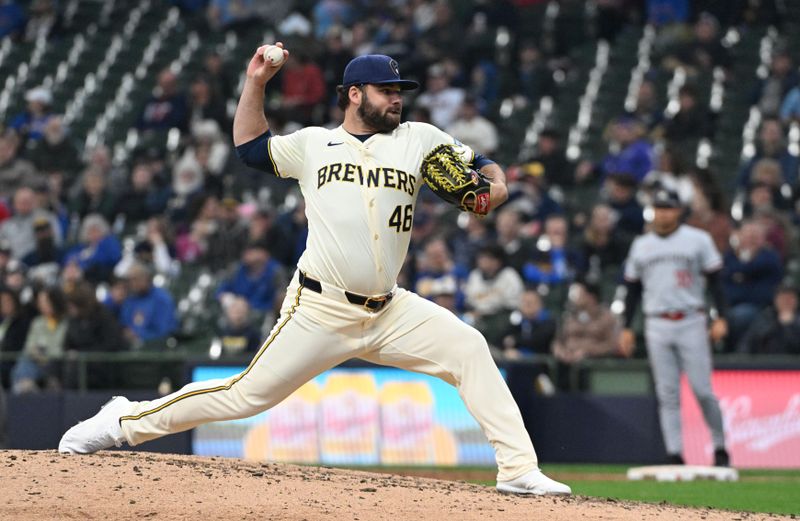 Apr 3, 2024; Milwaukee, Wisconsin, USA; Milwaukee Brewers relief pitcher Bryse Wilson (46) delivers a pitch against the Minnesota Twins in the seventh inning at American Family Field. Mandatory Credit: Michael McLoone-USA TODAY Sports