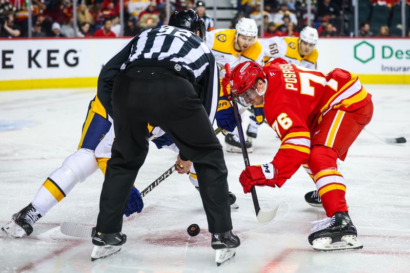 Nov 15, 2024; Calgary, Alberta, CAN; Calgary Flames center Martin Pospisil (76) and Nashville Predators center Steven Stamkos (91) face off for the puck during the second period at Scotiabank Saddledome. Mandatory Credit: Sergei Belski-Imagn Images