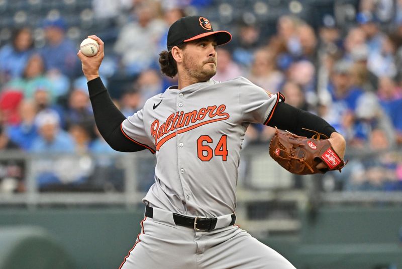 Apr 19, 2024; Kansas City, Missouri, USA; Baltimore Orioles starting pitcher Dean Kremer (64) delivers a pitch in the first inning against the Kansas City Royals at Kauffman Stadium. Mandatory Credit: Peter Aiken-USA TODAY Sports