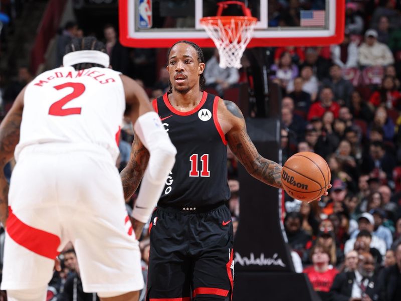 CHICAGO, IL - JANUARY 30:  DeMar DeRozan #11 of the Chicago Bulls dribbles the ball during the game against the Toronto Raptorson January 30, 2024 at United Center in Chicago, Illinois. NOTE TO USER: User expressly acknowledges and agrees that, by downloading and or using this photograph, User is consenting to the terms and conditions of the Getty Images License Agreement. Mandatory Copyright Notice: Copyright 2024 NBAE (Photo by Jeff Haynes/NBAE via Getty Images)