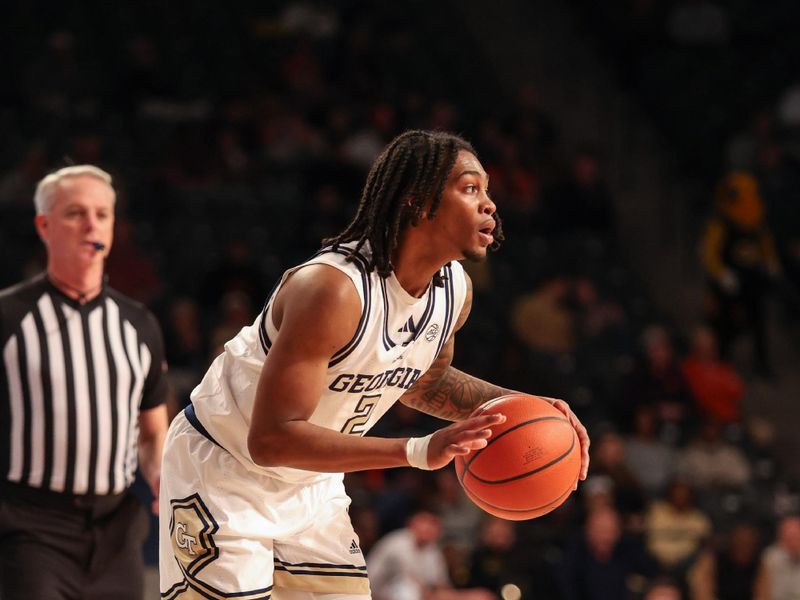 Jan 14, 2025; Atlanta, Georgia, USA; Georgia Tech Yellow Jackets guard Javian McCollum (2) dribbles the ball in the game against the Clemson Tigers during the first half at McCamish Pavilion. Mandatory Credit: Jordan Godfree-Imagn Images