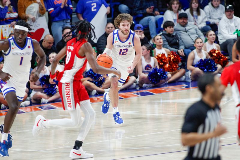 Jan 16, 2024; Boise, Idaho, USA; Boise State Broncos guard Max Rice (12) during the second half against the UNLV Rebels at ExtraMile Arena. UNLV beats Boise State 68-64Mandatory Credit: Brian Losness-USA TODAY Sports



