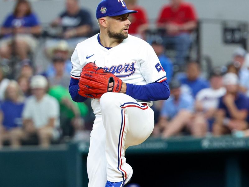 Jul 2, 2024; Arlington, Texas, USA;  Texas Rangers starting pitcher Nathan Eovaldi (17) throws during the first inning against the San Diego Padres at Globe Life Field. Mandatory Credit: Kevin Jairaj-USA TODAY Sports