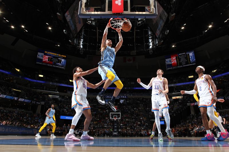 MEMPHIS, TN - DECEMBER 7: Brandon Clarke #15 of the Memphis Grizzlies dunks the ball during the game against the Oklahoma City Thunder on December 7, 2022 at FedExForum in Memphis, Tennessee. NOTE TO USER: User expressly acknowledges and agrees that, by downloading and or using this photograph, User is consenting to the terms and conditions of the Getty Images License Agreement. Mandatory Copyright Notice: Copyright 2022 NBAE (Photo by Joe Murphy/NBAE via Getty Images)