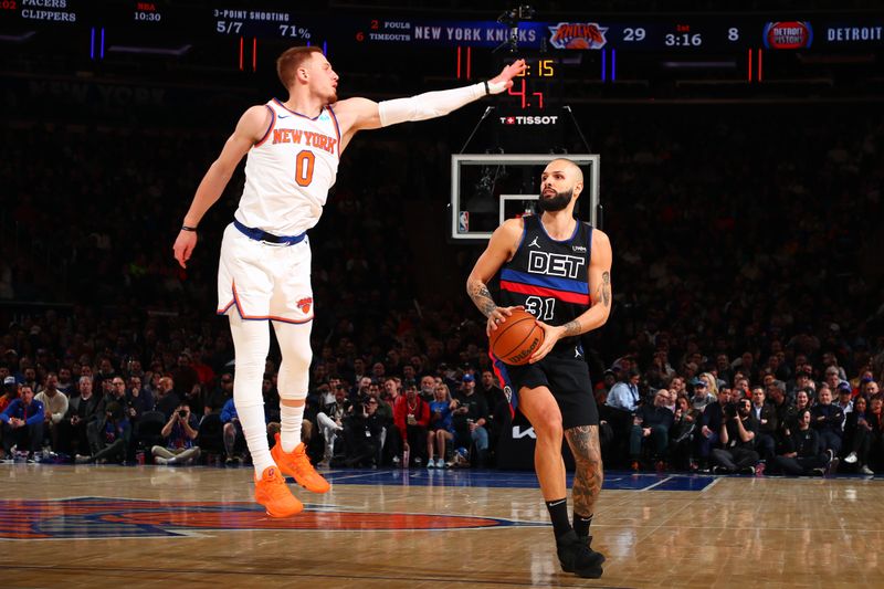 NEW YORK, NY - MARCH 25:  Evan Fournier #31 of the Detroit Pistons handles the ball during the game against the New York Knicks on March 25, 2024 at Madison Square Garden in New York City, New York.  NOTE TO USER: User expressly acknowledges and agrees that, by downloading and or using this photograph, User is consenting to the terms and conditions of the Getty Images License Agreement. Mandatory Copyright Notice: Copyright 2024 NBAE  (Photo by David L. Nemec /NBAE via Getty Images)