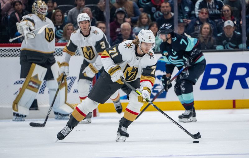 Nov 8, 2024; Seattle, Washington, USA;  Vegas Golden Knights forward William Karlsson (71) skates against the Seattle Kraken during the first period at Climate Pledge Arena. Mandatory Credit: Stephen Brashear-Imagn Images