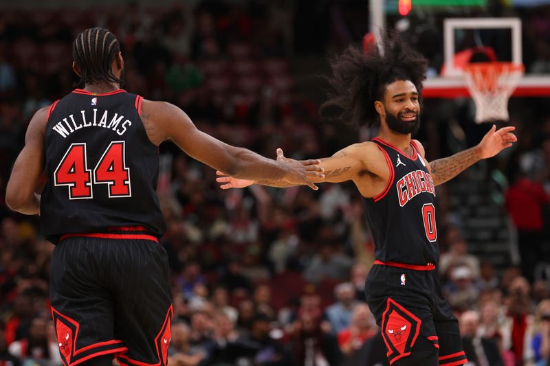 CHICAGO, ILLINOIS - NOVEMBER 07: Patrick Williams #44 and Coby White #0 of the Chicago Bulls celebrate against the Minnesota Timberwolves during the first half at the United Center on November 07, 2024 in Chicago, Illinois. NOTE TO USER: User expressly acknowledges and agrees that, by downloading and or using this photograph, User is consenting to the terms and conditions of the Getty Images License Agreement.  (Photo by Michael Reaves/Getty Images)