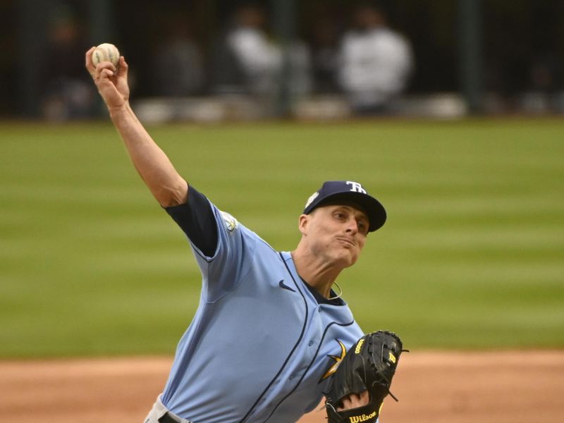 Apr 29, 2023; Chicago, Illinois, USA;  Tampa Bay Rays pitcher Calvin Faucher (58) delivers against the Chicago White Sox during the first inning at Guaranteed Rate Field. Mandatory Credit: Matt Marton-USA TODAY Sports