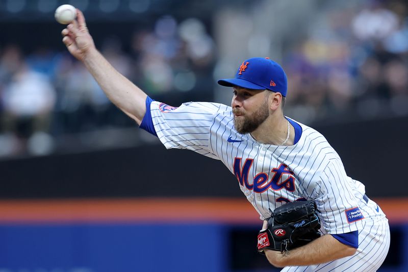 Jun 11, 2024; New York City, New York, USA; New York Mets starting pitcher Tylor Megill (38) pitches against the Miami Marlins during the first inning at Citi Field. Mandatory Credit: Brad Penner-USA TODAY Sports