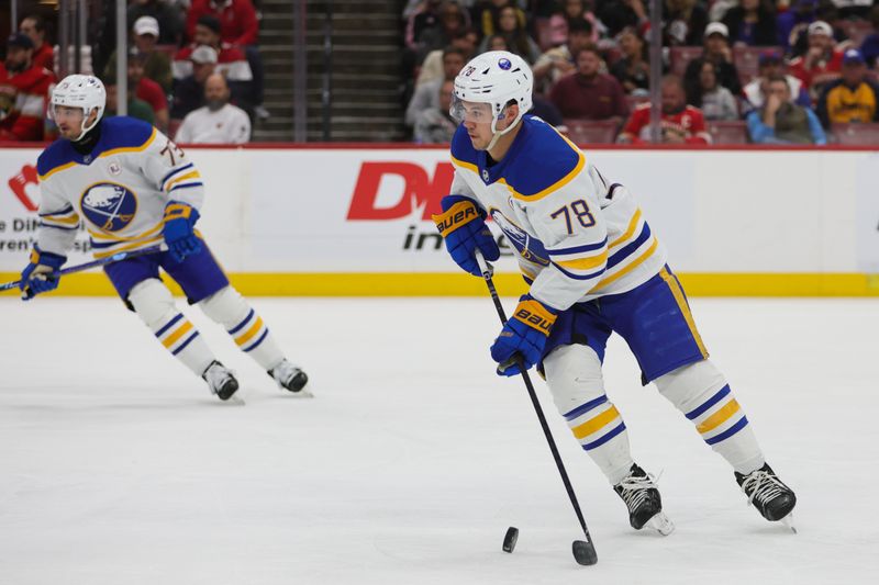 Feb 27, 2024; Sunrise, Florida, USA; Buffalo Sabres defenseman Jacob Bryson (78) moves the puck against the Florida Panthers during the second period at Amerant Bank Arena. Mandatory Credit: Sam Navarro-USA TODAY Sports