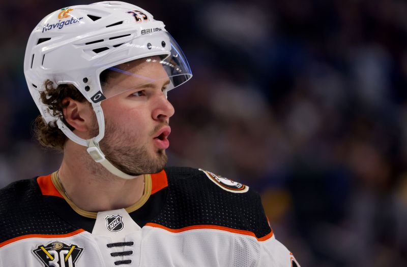 Feb 19, 2024; Buffalo, New York, USA;  Anaheim Ducks center Mason McTavish (23) during a stoppage in play against the Buffalo Sabres during the third period at KeyBank Center. Mandatory Credit: Timothy T. Ludwig-USA TODAY Sports