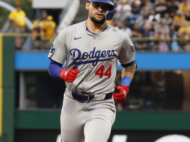 Jun 5, 2024; Pittsburgh, Pennsylvania, USA;  Los Angeles Dodgers center fielder Andy Pages (44) circles the bases on a solo home run against the Pittsburgh Pirates during the fifth inning at PNC Park. Mandatory Credit: Charles LeClaire-USA TODAY Sports