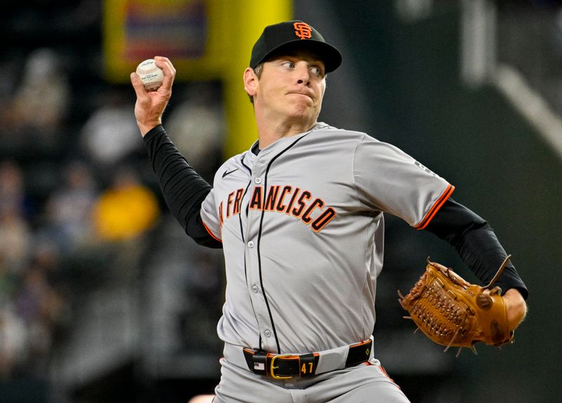 Jun 8, 2024; Arlington, Texas, USA; San Francisco Giants starting pitcher Spencer Howard (56) pitches against the Texas Rangers during the first inning at Globe Life Field. Mandatory Credit: Jerome Miron-USA TODAY Sports