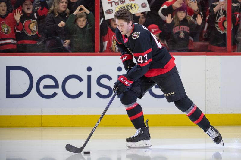 Mar 30, 2023; Ottawa, Ontario, CAN; Ottawa Senators defenseman Tyler Kleven (43) warms up prior to game against the Philadelphia Flyers at the Canadian Tire Centre. Mandatory Credit: Marc DesRosiers-USA TODAY Sports