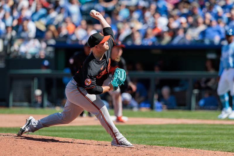 Apr 21, 2024; Kansas City, Missouri, USA; Baltimore Orioles pitcher Jacob Webb (71) pitching during the seventh inning against the Kansas City Royals at Kauffman Stadium. Mandatory Credit: William Purnell-USA TODAY Sports