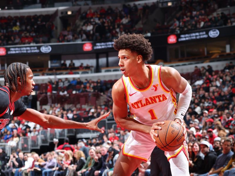 CHICAGO, IL - NOVEMBER 22: Jalen Johnson #1 of the Atlanta Hawks looks on during the game against the Chicago Bulls during the Emirates NBA Cup game on November 22, 2024 at United Center in Chicago, Illinois. NOTE TO USER: User expressly acknowledges and agrees that, by downloading and or using this photograph, User is consenting to the terms and conditions of the Getty Images License Agreement. Mandatory Copyright Notice: Copyright 2024 NBAE (Photo by Jeff Haynes/NBAE via Getty Images)