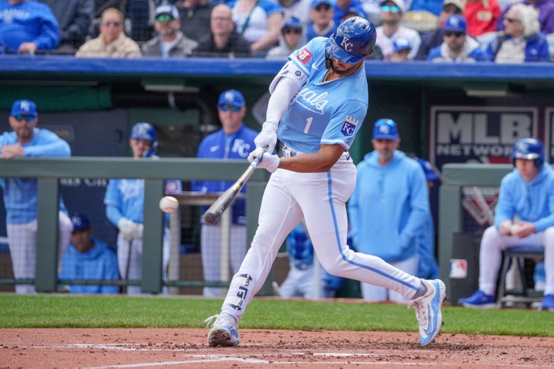 Apr 11, 2024; Kansas City, Missouri, USA; Kansas City Royals right fielder MJ Melendez (1) hits a double against the Houston Astros in the first inning at Kauffman Stadium. Mandatory Credit: Denny Medley-USA TODAY Sports