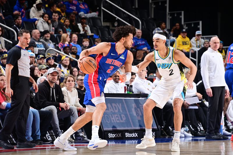 DETROIT, MI - JANUARY 16: Cade Cunningham #2 of the Detroit Pistons looks to pass the ball during the game against the Indiana Pacers on January 16, 2025 at Little Caesars Arena in Detroit, Michigan. NOTE TO USER: User expressly acknowledges and agrees that, by downloading and/or using this photograph, User is consenting to the terms and conditions of the Getty Images License Agreement. Mandatory Copyright Notice: Copyright 2025 NBAE (Photo by Chris Schwegler/NBAE via Getty Images)