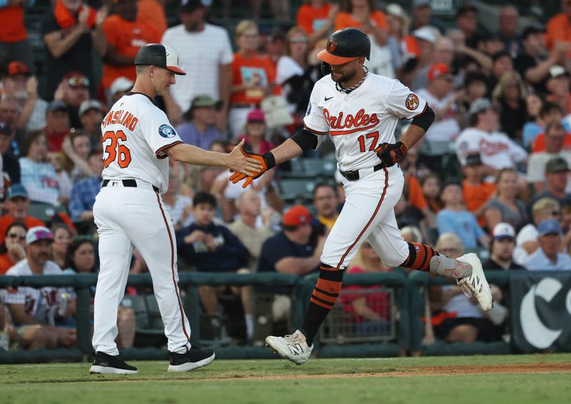 Mar 14, 2025; Sarasota, Florida, USA;  Baltimore Orioles outfielder Colton Cowser (17) is congratulated by third base coach Tony Mansolino (36) as he runs around the bases after he hit a 2-run home run against the Minnesota Twins at Ed Smith Stadium. Mandatory Credit: Kim Klement Neitzel-Imagn Images