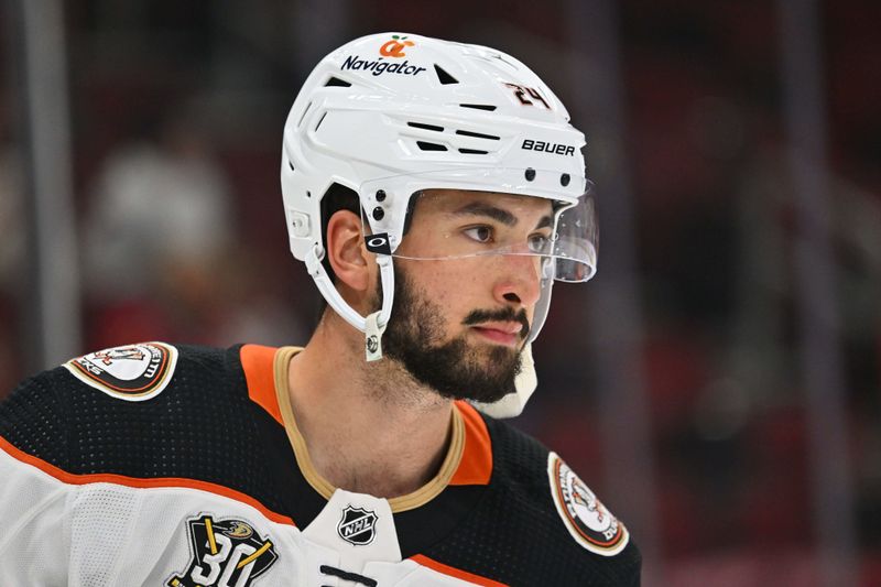 Mar 12, 2024; Chicago, Illinois, USA; Anaheim Ducks forward Bo Groulx (24) warms up before a game against the Chicago Blackhawks at United Center. Mandatory Credit: Jamie Sabau-USA TODAY Sports