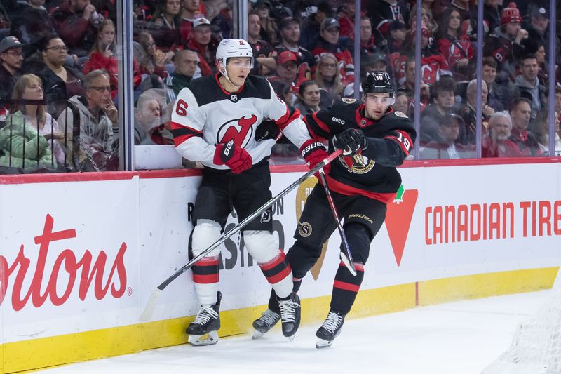 Dec 29, 2023; Ottawa, Ontario, CAN; New Jersey Devils defenseman John Marino (6) and Ottawa Senators right wing Drake Batherson (19) battle in the first period at the Canadian Tire Centre. Mandatory Credit: Marc DesRosiers-USA TODAY Sports