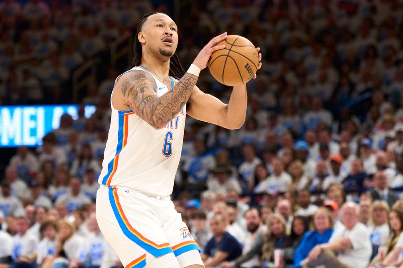 OKLAHOMA CITY, OKLAHOMA - APRIL 21: Jaylin Williams #6 of the Oklahoma City Thunder shoots the ball against the New Orleans Pelicans in game one of the Western Conference First Round Playoffs at the Paycom Center on April 21, 2024 in Oklahoma City, Oklahoma. NOTE TO USER: User expressly acknowledges and agrees that, by downloading and or using this photograph, User is consenting to the terms and conditions of the Getty Images License Agreement.  (Photo by Cooper Neill/Getty Images)