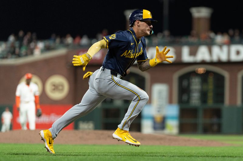 Sep 10, 2024; San Francisco, California, USA;  Milwaukee Brewers third base Joey Ortiz (3) runs during the seventh inning against the San Francisco Giants at Oracle Park. Mandatory Credit: Stan Szeto-Imagn Images