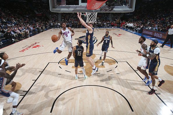 NEW ORLEANS, LA - NOVEMBER 29: Tyrese Maxey #0 of the Philadelphia 76ers shoots the ball during the game against the New Orleans Pelicans on November 29, 2023 at the Smoothie King Center in New Orleans, Louisiana. NOTE TO USER: User expressly acknowledges and agrees that, by downloading and or using this Photograph, user is consenting to the terms and conditions of the Getty Images License Agreement. Mandatory Copyright Notice: Copyright 2023 NBAE (Photo by Layne Murdoch Jr./NBAE via Getty Images)