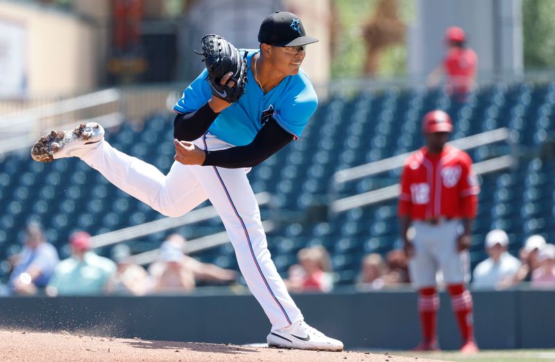 Mar 26, 2023; Jupiter, Florida, USA;  Miami Marlins starting pitcher Jesus Luzardo (44) pitches against the Washington Nationals during the first inning at Roger Dean Stadium. Mandatory Credit: Rhona Wise-USA TODAY Sports