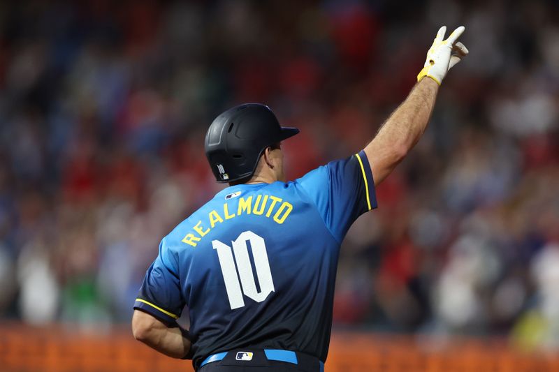 Aug 30, 2024; Philadelphia, Pennsylvania, USA; Philadelphia Phillies catcher J.T. Realmuto (10) runs the bases after hitting a home run during the seventh inning against the Atlanta Braves at Citizens Bank Park. Mandatory Credit: Bill Streicher-USA TODAY Sports