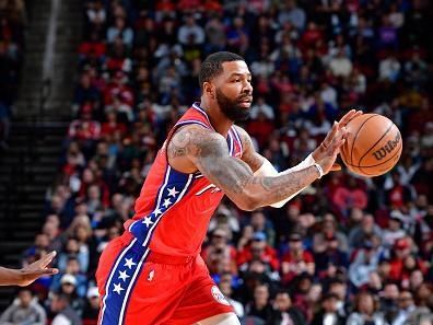 HOUSTON, TX - DECEMBER 29: Marcus Morris Sr. #5 of the Philadelphia 76ers passes the ball during the game against the Houston Rockets on December 29, 2023 at the Toyota Center in Houston, Texas. NOTE TO USER: User expressly acknowledges and agrees that, by downloading and or using this photograph, User is consenting to the terms and conditions of the Getty Images License Agreement. Mandatory Copyright Notice: Copyright 2023 NBAE (Photo by Logan Riely/NBAE via Getty Images)