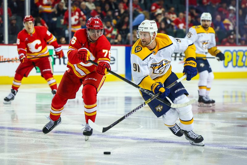 Nov 15, 2024; Calgary, Alberta, CAN; Nashville Predators center Steven Stamkos (91) and Calgary Flames center Martin Pospisil (76) battles for the puck during the third period at Scotiabank Saddledome. Mandatory Credit: Sergei Belski-Imagn Images