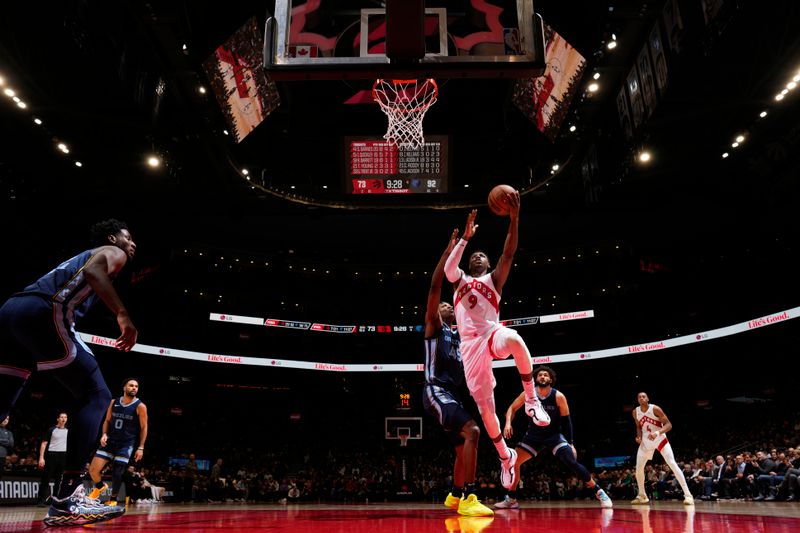 TORONTO, CANADA - JANUARY 22: RJ Barrett #9 of the Toronto Raptors drives to the basket during the game against the Memphis Grizzlies on January 22, 2024 at the Scotiabank Arena in Toronto, Ontario, Canada.  NOTE TO USER: User expressly acknowledges and agrees that, by downloading and or using this Photograph, user is consenting to the terms and conditions of the Getty Images License Agreement.  Mandatory Copyright Notice: Copyright 2024 NBAE (Photo by Mark Blinch/NBAE via Getty Images)