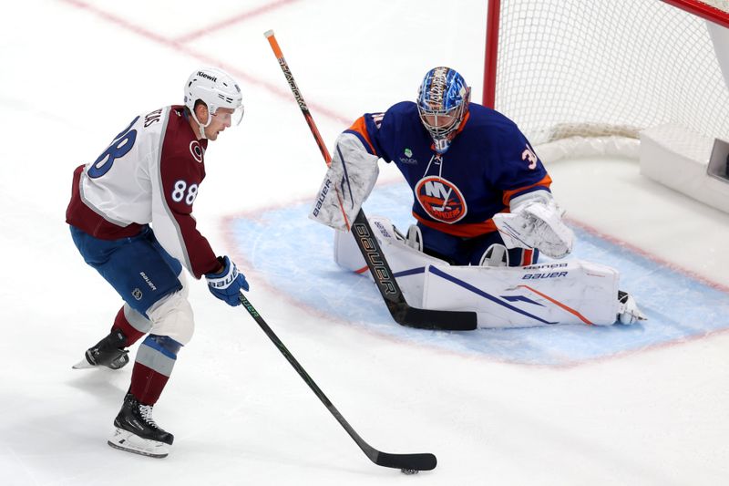 Dec 4, 2025; Elmont, New York, USA; Colorado Avalanche center Martin Necas (88) scores a goal against New York Islanders goaltender Ilya Sorokin (30) during the second period at UBS Arena. Mandatory Credit: Brad Penner-Imagn Images