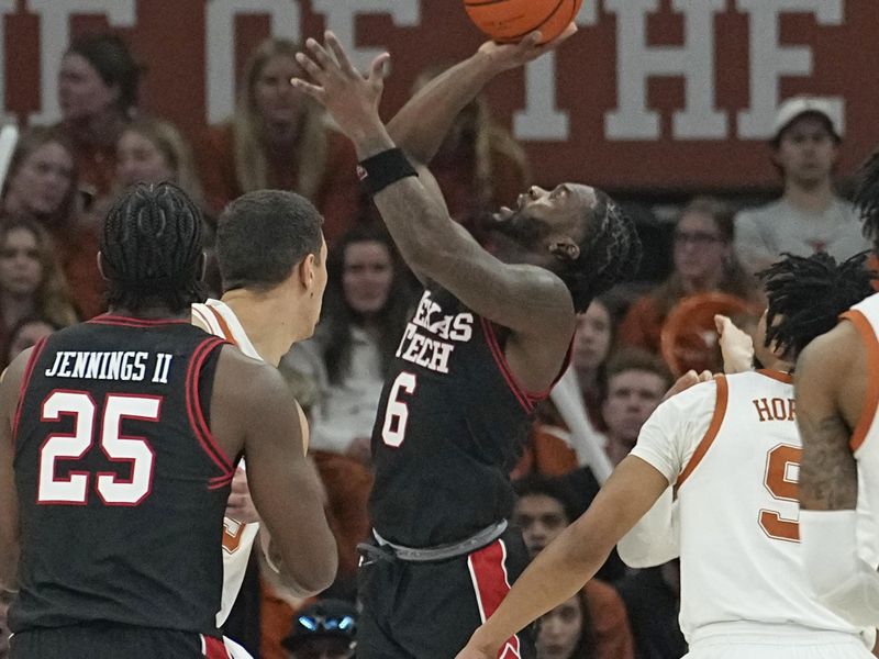 Jan 6, 2024; Austin, Texas, USA; Texas Tech Red Raiders guard Joe Toussaint (6) drives to the basket during the first half against the Texas Longhorns at Moody Center. Mandatory Credit: Scott Wachter-USA TODAY Sports