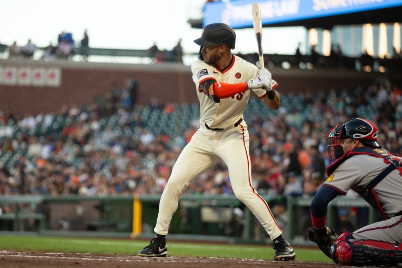 Aug 14, 2024; San Francisco, California, USA; San Francisco Giants center fielder Grant McCray (58), who is making his major league debut, takes his turn at bat against the Atlanta Braves during the third inning at Oracle Park. McCray struck out. Mandatory Credit: D. Ross Cameron-USA TODAY Sports