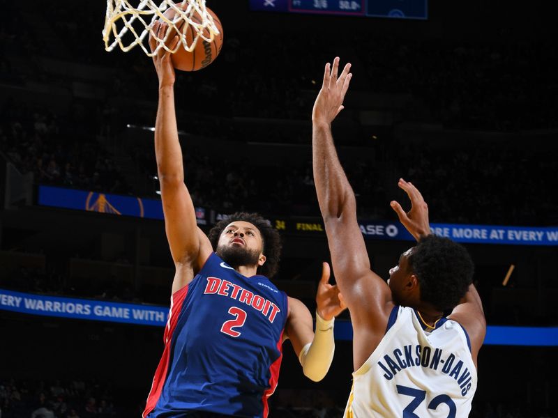 SAN FRANCISCO, CA - OCTOBER 13: Cade Cunningham #2 of the Detroit Pistons drives to the basket during the game against the Golden State Warriors during a NBA Preseason game on October 13, 2024 at Chase Center in San Francisco, California. NOTE TO USER: User expressly acknowledges and agrees that, by downloading and or using this photograph, user is consenting to the terms and conditions of Getty Images License Agreement. Mandatory Copyright Notice: Copyright 2024 NBAE (Photo by Noah Graham/NBAE via Getty Images)