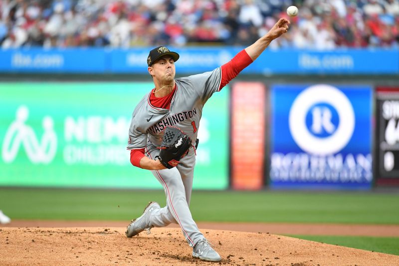 May 19, 2024; Philadelphia, Pennsylvania, USA; Washington Nationals pitcher MacKenzie Gore (1) throws a pitch during the first inning against the Philadelphia Phillies at Citizens Bank Park. Mandatory Credit: Eric Hartline-USA TODAY Sports