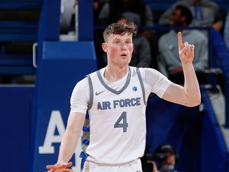 Feb 10, 2023; Colorado Springs, Colorado, USA; Air Force Falcons guard Carter Murphy (4) gestures as he dribbles the ball up court in the second half against the New Mexico Lobos at Clune Arena. Mandatory Credit: Isaiah J. Downing-USA TODAY Sports