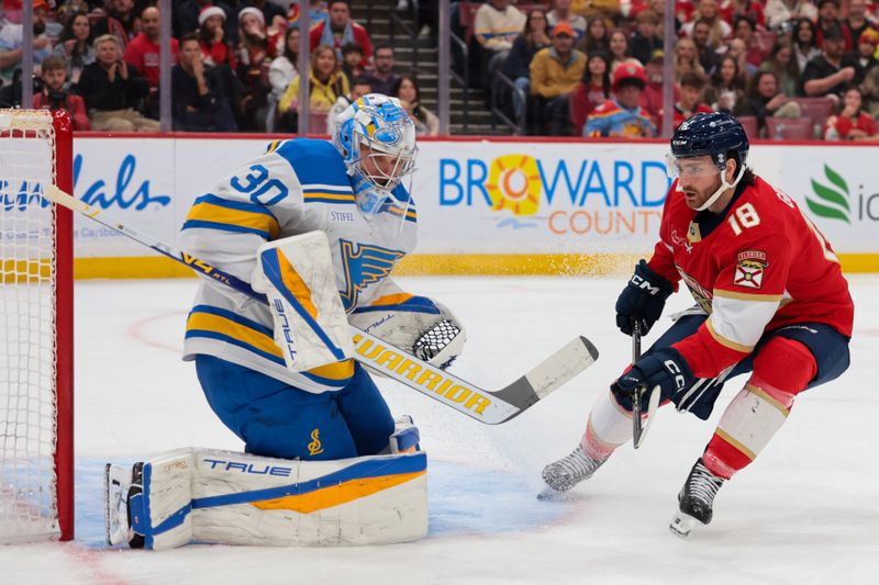 Dec 20, 2025; Sunrise, Florida, USA; St. Louis Blues goaltender Joel Hofer (30) defends his net against Florida Panthers left wing Noah Gregor (18) during the second period at Amerant Bank Arena. Mandatory Credit: Sam Navarro-Imagn Images