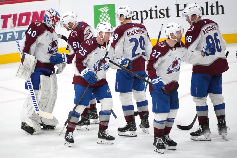 Nov 23, 2024; Sunrise, Florida, USA;  The Colorado Avalanche celebrate a victory over the Florida Panthers at Amerant Bank Arena. Mandatory Credit: Jim Rassol-Imagn Images